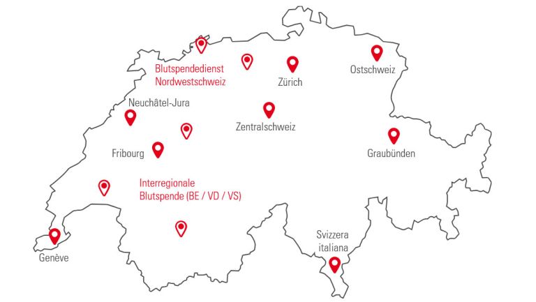 Eine Standortkarte der Blutspendedienste in der Schweiz