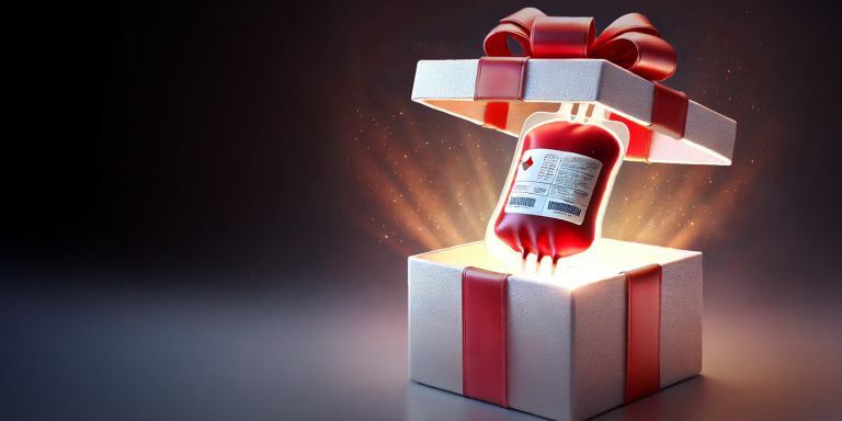 Geschenkbox welche geöffnet ist. Daraus erstrahlt Licht und in der Mitte schwebt ein Blutbeutel aus der Geschenkbox.