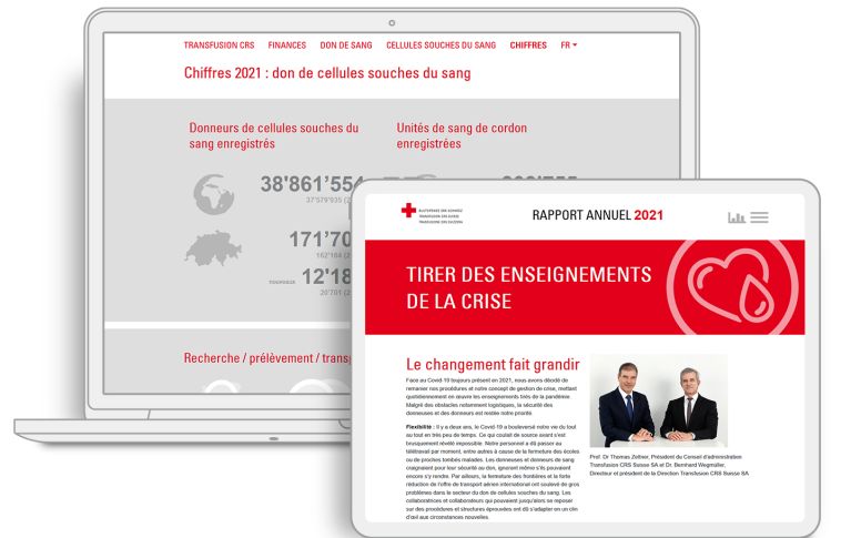 Sur l'image, on voit l'aperçu du site web du rapport annuel de Transfusion CRS Suisse.