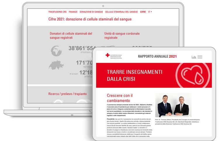 L'immagine mostra l'anteprima del sito web del rapporto annuale di Swiss Transfusion SRC.