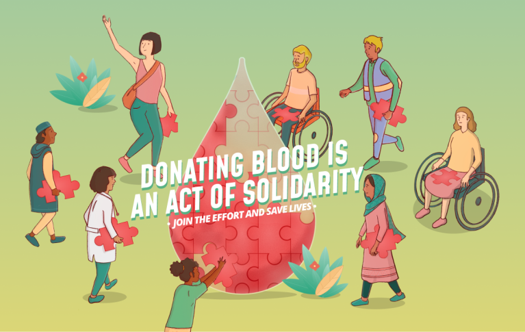 Illustration pour la Journée mondiale des donneurs de sang avec une grosse goutte de sang au centre et différentes personnes autour (dessin)