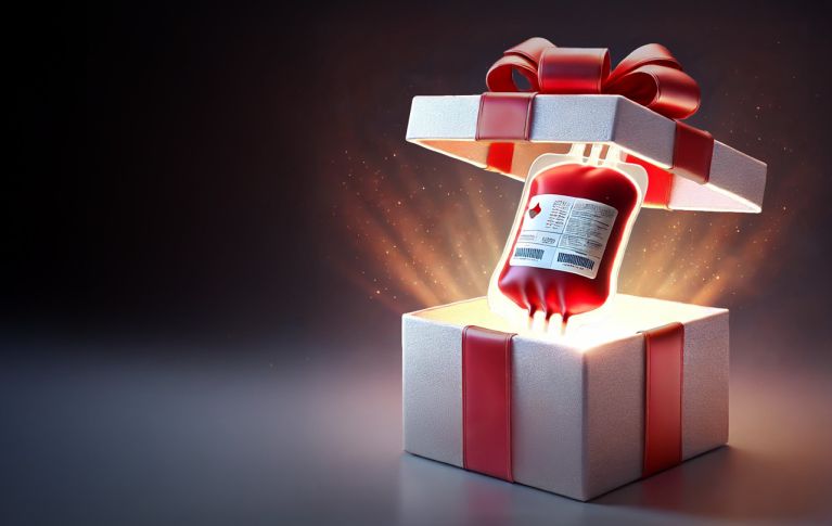 Geschenkbox welche geöffnet ist. Daraus erstrahlt Licht und in der Mitte schwebt ein Blutbeutel aus der Geschenkbox.
